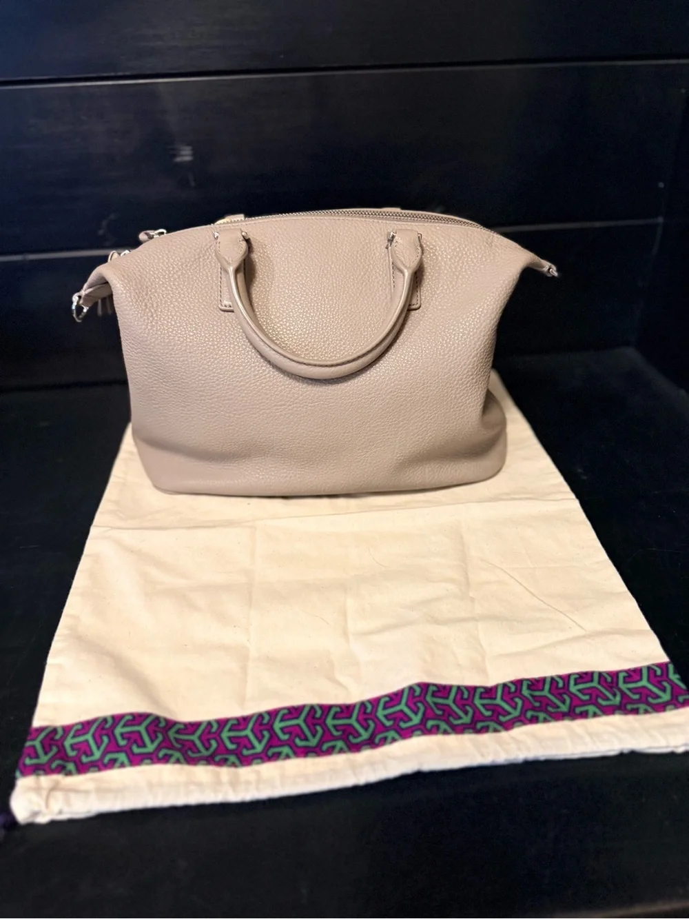 Tory Burch Taupe Pebbled Leather Satchel with Multicolor Tassel